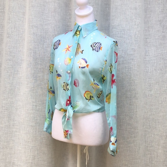 Leggiadro light blue with fishes button down blouse tie at waist - Picture 2 of 14